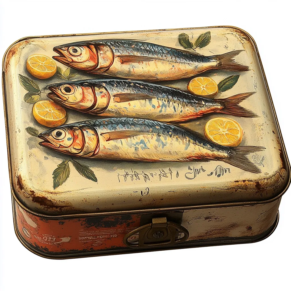 A square, rustic metal tin features a painted image of three sardines arranged on a bed of herbs and lemon slices.  The tin's aged, cream-colored surface shows signs of wear, adding to its vintage appeal.  A brass clasp secures the lid. The overall style suggests a vintage or antique design, possibly intended for storage or as a decorative piece.