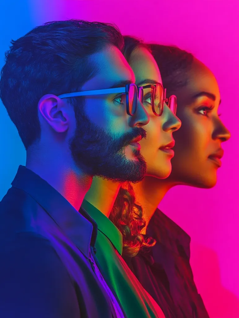 Three individuals stand in profile, shoulder-to-shoulder, against a vibrant pink and blue backdrop.  A man with a beard and glasses is on the left, followed by two women with varying skin tones.  The lighting is dramatic, highlighting their features and creating a striking image.  Their attire is stylish and modern, contributing to the overall aesthetic.