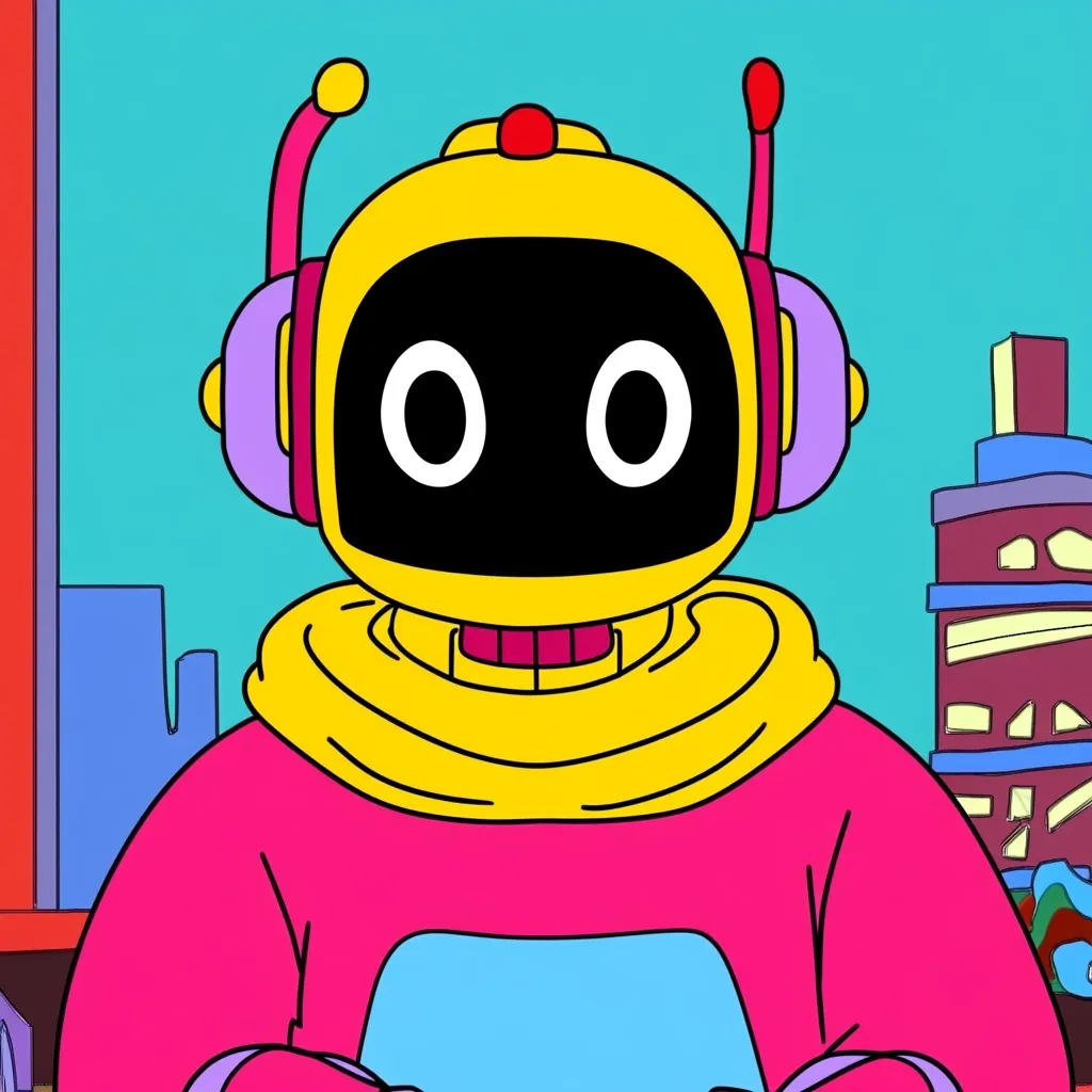 A cartoon robot, predominantly yellow and pink, is depicted.  It has a large, round head with simple, large eyes and antenna.  The robot wears a bulky, yellow collared suit and purple headphones.  The background features a stylized cityscape, suggesting a futuristic setting. The overall style is bold and colorful, reminiscent of children's animation.