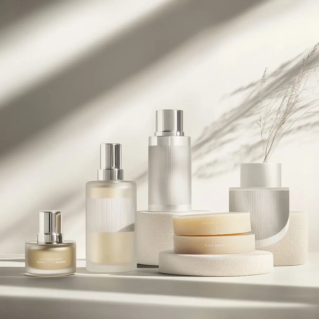 A minimalist beauty product display showcases frosted glass bottles with silver tops, including a spray bottle, pump bottle, and small perfume bottle.  Two beige soap bars rest on a textured, off-white pedestal. A textured vase with dried flowers completes the arrangement, all set against a clean white background with soft light shadows.  The overall aesthetic is calm and luxurious.