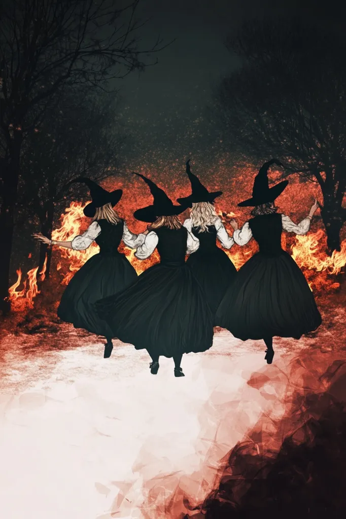 Three witches, clad in black dresses and pointed hats, dance amidst a fiery backdrop.  The flames illuminate their dark figures as they move in a swirling, synchronized motion.  Silhouetted trees frame the scene, creating a mystical and evocative Halloween-themed artwork. The overall effect is one of powerful, mysterious energy.