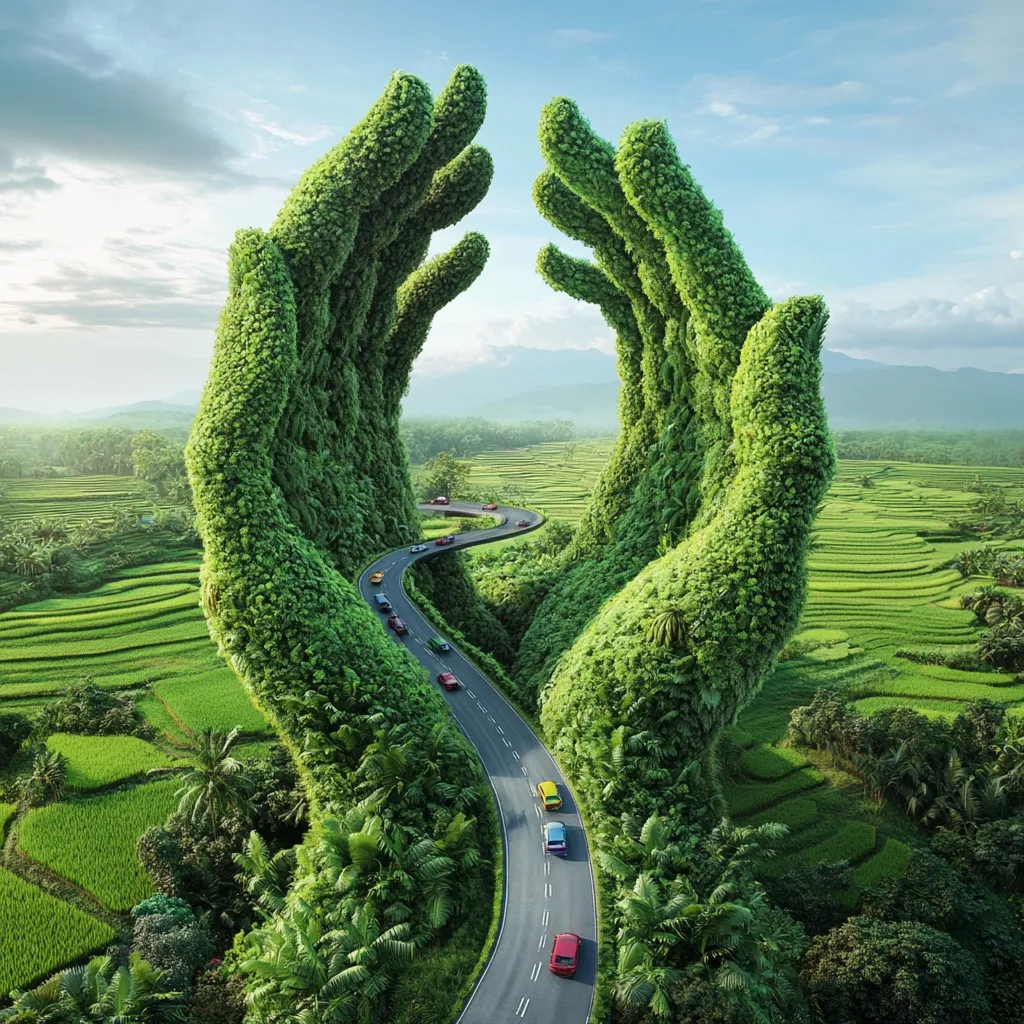 A winding road snakes through a lush green landscape, cradled by two enormous, verdant hands formed from dense foliage.  The hands create a natural archway over the road where several colorful cars travel.  The vibrant green rice terraces and tropical vegetation extend to the horizon, creating a scene of harmonious coexistence between nature and human activity.  The image is surreal and evokes a sense of environmental protection.