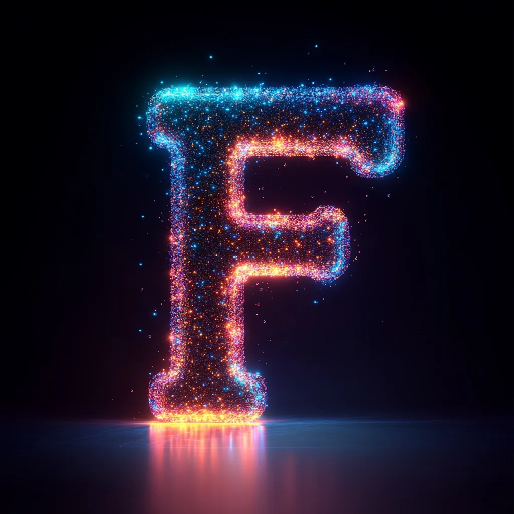 The letter 'F' is depicted in a striking, three-dimensional design.  Composed of vibrant, multicolored particles, it glows with an ethereal luminescence against a dark background.  The particles appear to be in motion, creating a sense of energy and dynamism.  A reflective surface beneath the letter amplifies its radiant glow, adding depth and visual interest to the composition.