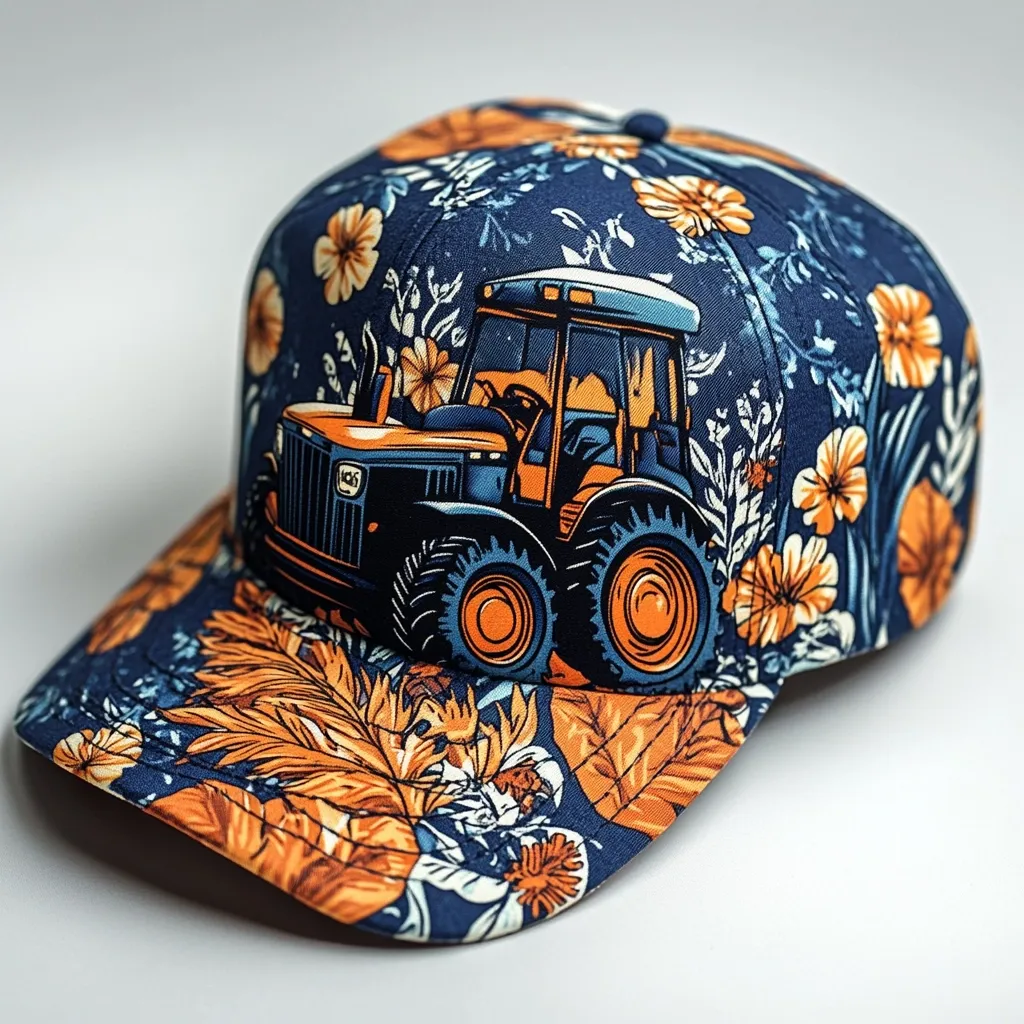 A navy blue baseball cap features a vibrant floral pattern in oranges and whites.  Centrally positioned is a stylized illustration of an orange and blue tractor, adding a unique, rural touch to the otherwise floral design. The cap is shown angled, showcasing both the front and side profiles.  The overall impression is one of playful style and a blend of nature and machinery imagery.