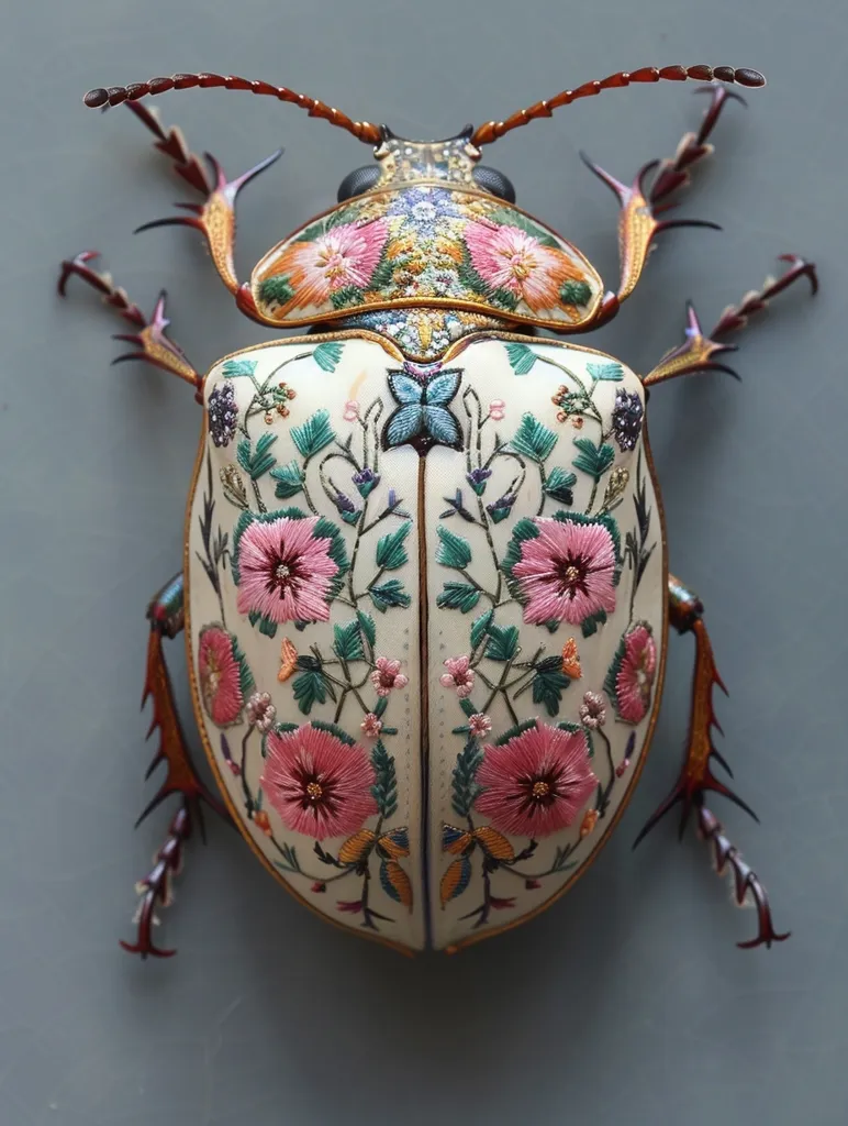 A meticulously crafted embroidered beetle is showcased.  Its creamy-white body is adorned with vibrant pink and multicolored flowers, meticulously stitched in a floral pattern.  Intricate gold detailing accentuates the body, while the legs are realistically rendered in dark reddish-brown. The artwork presents a striking contrast between the natural form of an insect and the delicate artistry of embroidery.