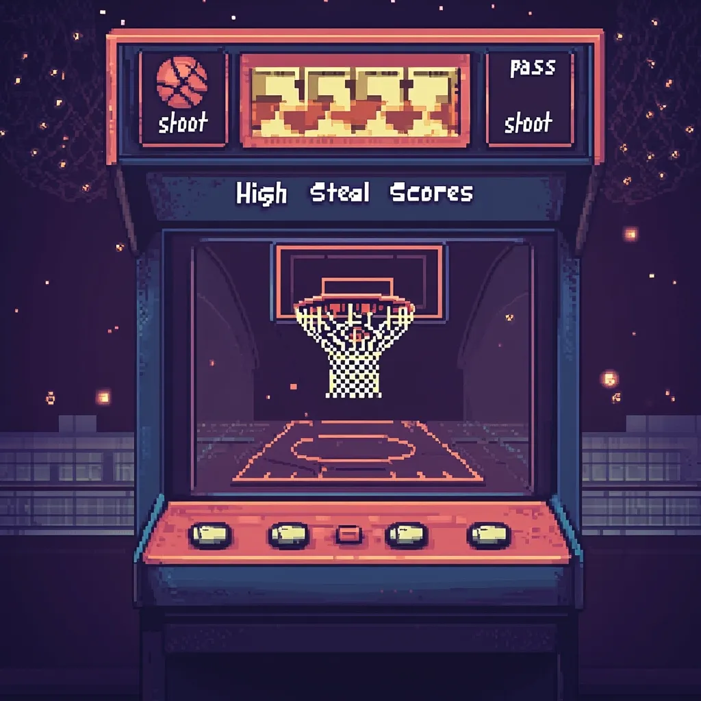 A pixel art depiction of a retro arcade basketball game at night.  The cabinet is dark blue with orange accents, displaying a pixelated basketball court and hoop.  The screen shows a high score display and buttons for "pass" and "shoot."  The scene is set against a dark background with twinkling lights, creating a nostalgic atmosphere.