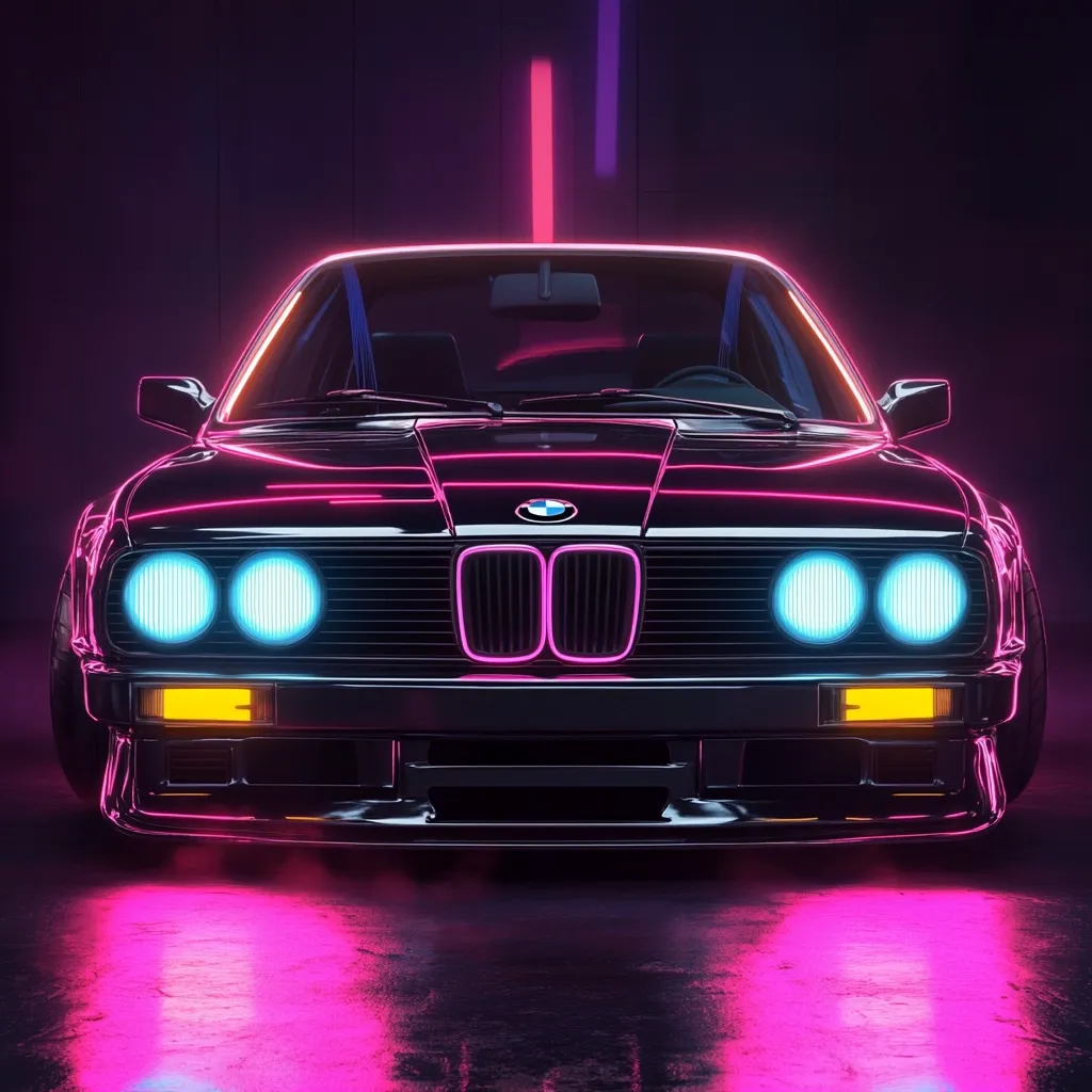 A sleek, black BMW E30 is showcased in a dark setting, illuminated by vibrant pink and blue neon lights outlining its body.  The car's reflective surface and glowing headlights create a striking contrast against the moody background.  The overall aesthetic evokes a retro 80s synthwave vibe, highlighting the classic car's timeless design.