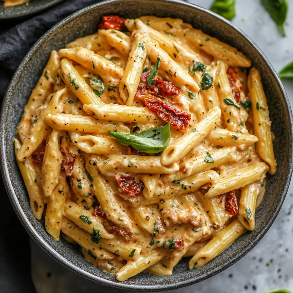 A dark gray bowl overflows with creamy sun-dried tomato pasta.  The penne pasta is coated in a rich, light-orange sauce, interspersed with pieces of sun-dried tomatoes and fresh basil leaves. The pasta appears perfectly cooked, with a slightly glossy sheen.  The overall presentation is appetizing and suggests a flavorful Italian dish.