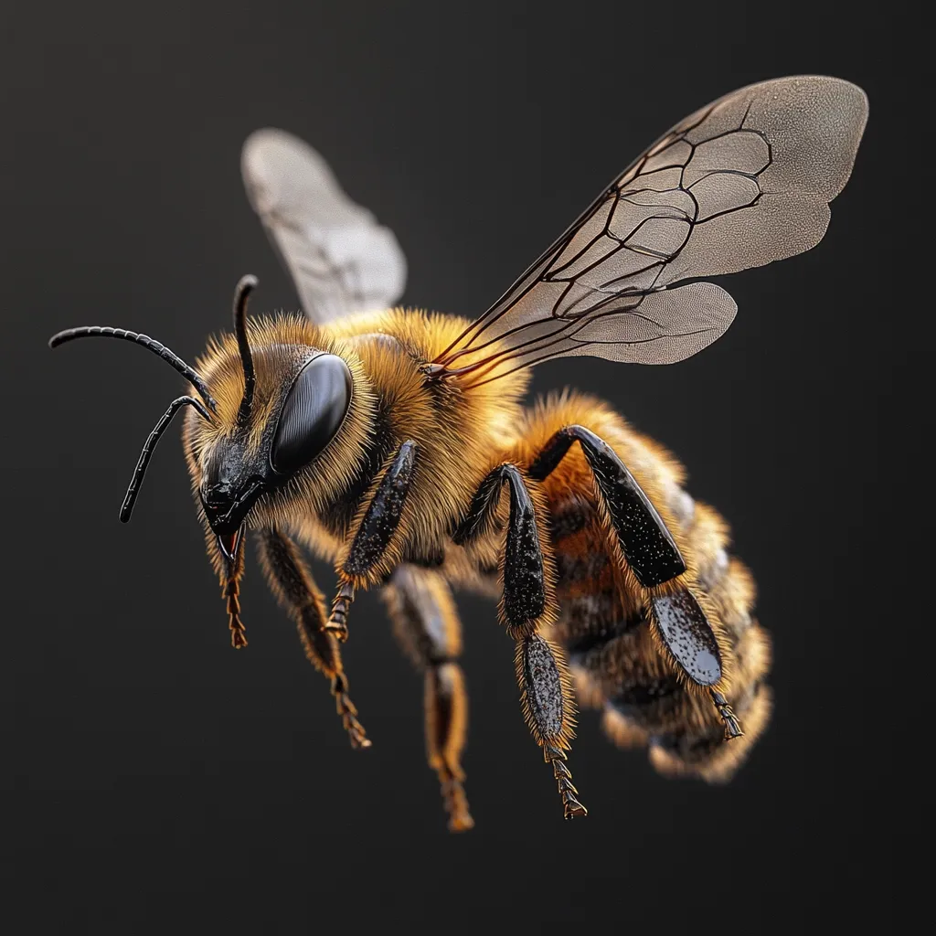 A close-up shot reveals a honeybee in mid-flight against a dark background.  Its fuzzy, golden-brown body and translucent wings are sharply detailed.  The bee's large, dark eyes and intricate leg structures are clearly visible, showcasing the insect's fine hairs and segmented body. The image emphasizes the bee's delicate yet robust nature.