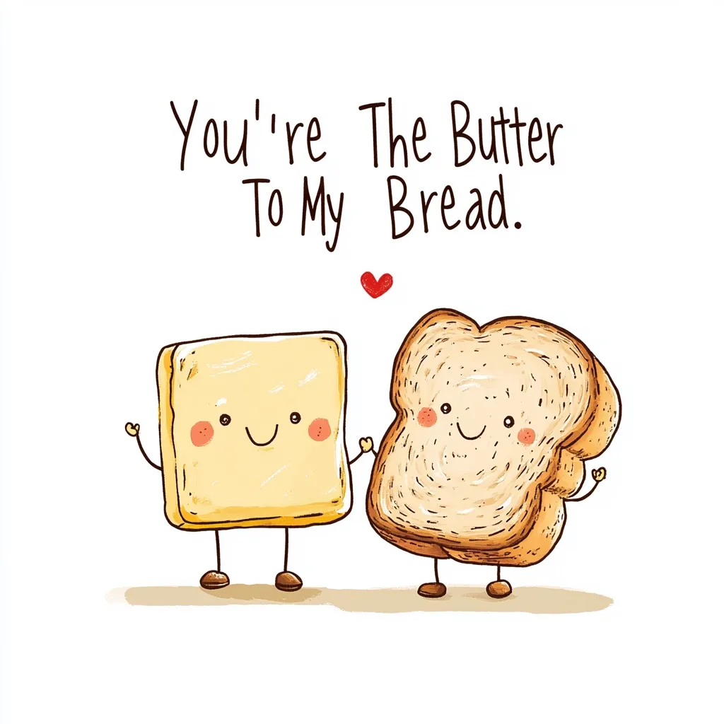 A cute illustration shows a stick figure-like pat of butter and slice of bread holding hands.  The text above reads, "You're The Butter To My Bread," a playful romantic expression. Both food items have happy faces, enhancing the charming and affectionate mood of the image.  A small red heart floats between them.
