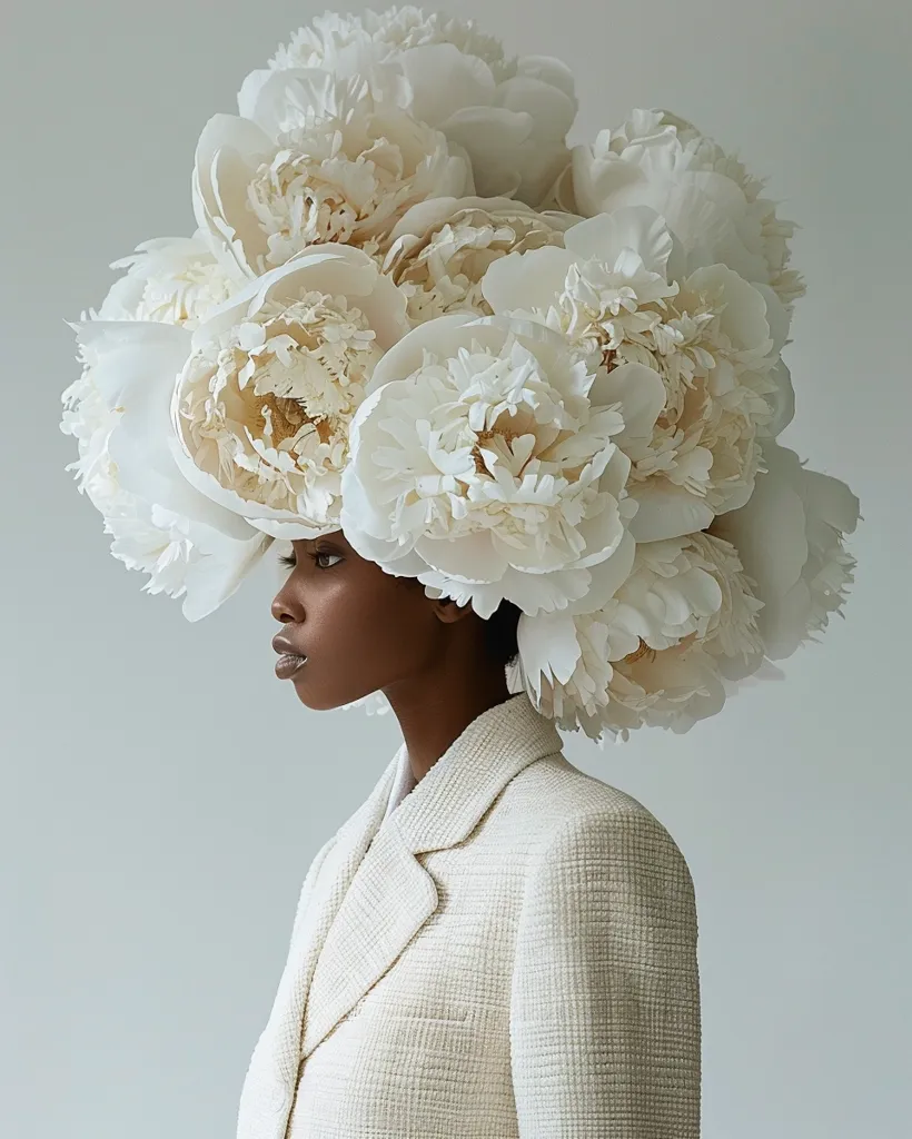 A woman with dark skin wears a cream-colored tweed jacket.  Her head is adorned with a magnificent crown of large, creamy white peonies, creating a striking contrast against her complexion and the simple elegance of her clothing. The overall effect is one of sophisticated beauty and ethereal grace. The background is a muted, neutral tone.