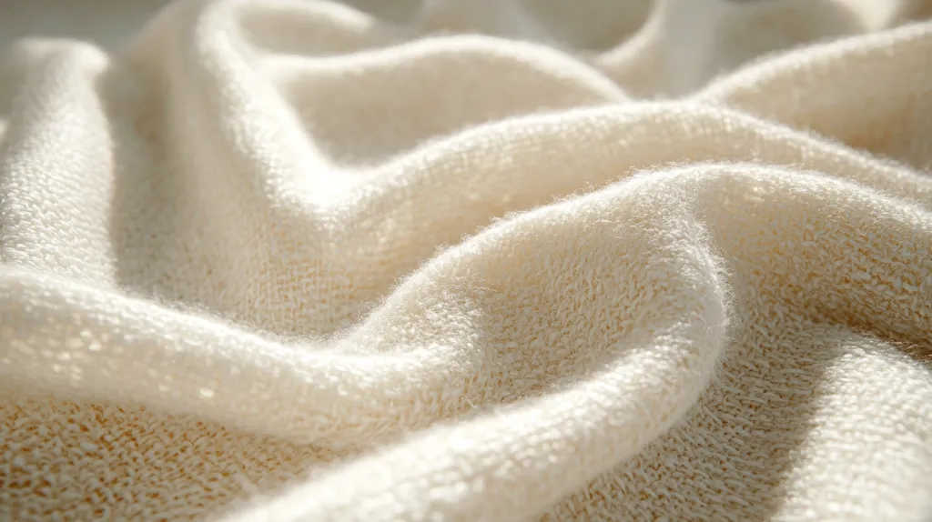 Close-up view of a soft, creamy-white textured fabric.  The material is loosely draped, showcasing its fluffy, slightly looped texture.  Light catches the folds and highlights the subtle variations in the fabric's surface.  The overall impression is one of softness, comfort, and luxurious texture.