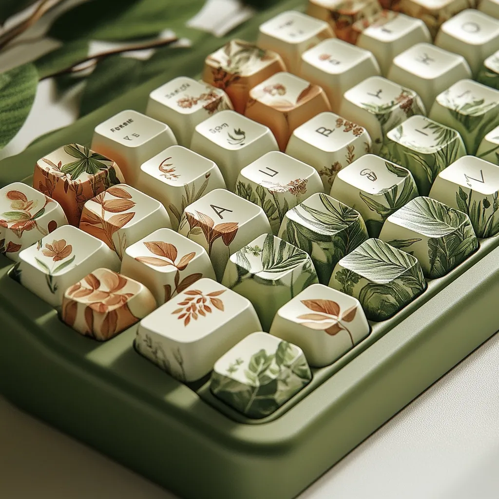 A close-up shot reveals a green mechanical keyboard adorned with charming botanical keycaps.  Each key features a unique floral or leaf design in soft, earthy tones of beige, brown, and green, creating a visually appealing and nature-inspired aesthetic. The keyboard's muted green casing complements the keycap designs, providing a cohesive and calming overall look.
