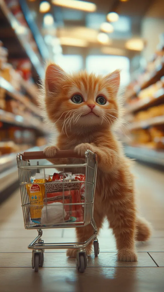 An adorable ginger kitten stands proudly beside a miniature shopping cart filled with various small items, seemingly in a grocery store aisle.  The blurred background suggests a supermarket setting, with shelves stocked with goods out of focus. The kitten's bright eyes and fluffy fur are prominent, creating a charming and whimsical scene.