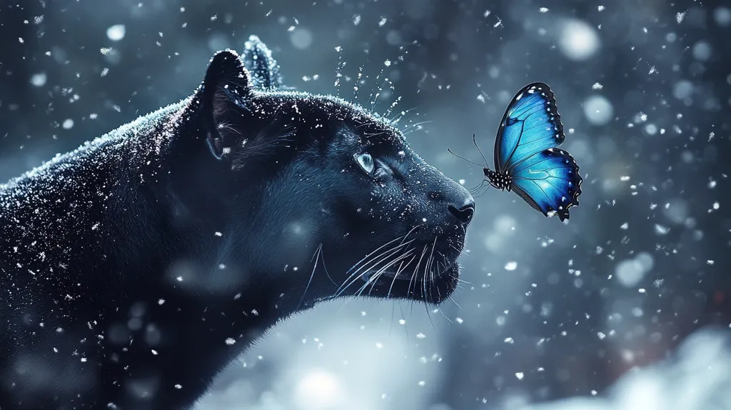 A snow-dusted black panther's profile is sharply presented, its gaze directed towards a vibrant blue butterfly.  The butterfly, with delicate wings, hovers near the panther's face.  Falling snowflakes create a dreamy, ethereal atmosphere in the wintry backdrop, enhancing the contrast between the powerful cat and the fragile insect. The image suggests a moment of quiet observation, a meeting of contrasting creatures in a serene snowy landscape.