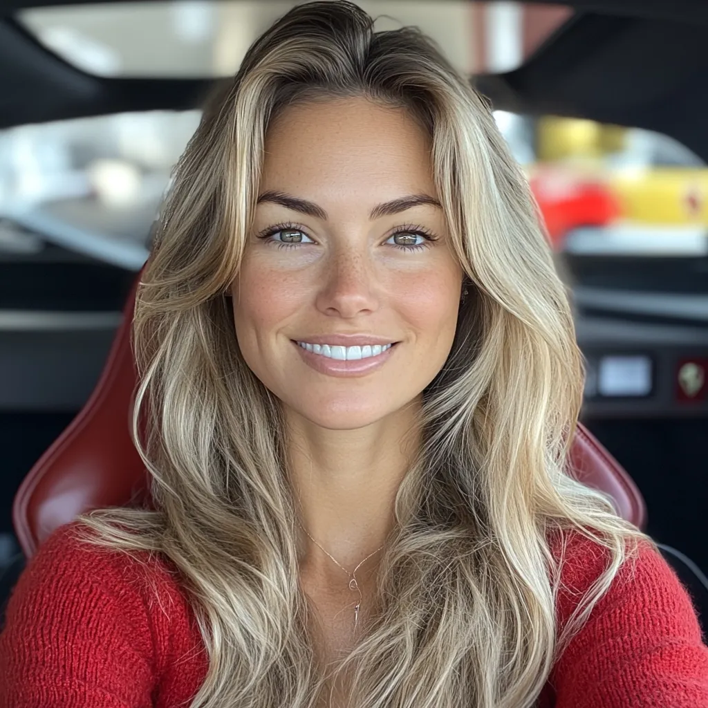 A young woman with long, wavy blonde hair smiles warmly at the camera.  She's wearing a red sweater and a delicate necklace. The background is blurred, suggesting she's sitting in a car, with hints of a red sports car visible.  Her makeup is natural and enhances her features.  The overall impression is one of beauty and approachability.