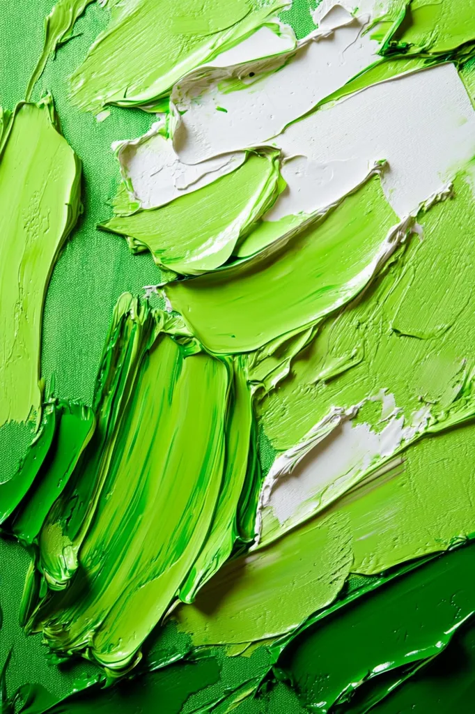 An abstract painting dominated by vibrant shades of green and white.  Thick, impasto brushstrokes create a textured surface, with the paint applied in swirling, layered movements.  The white acts as a highlight, contrasting with and accentuating the intensity of the green.  The overall effect is dynamic and energetic, suggesting movement and depth.