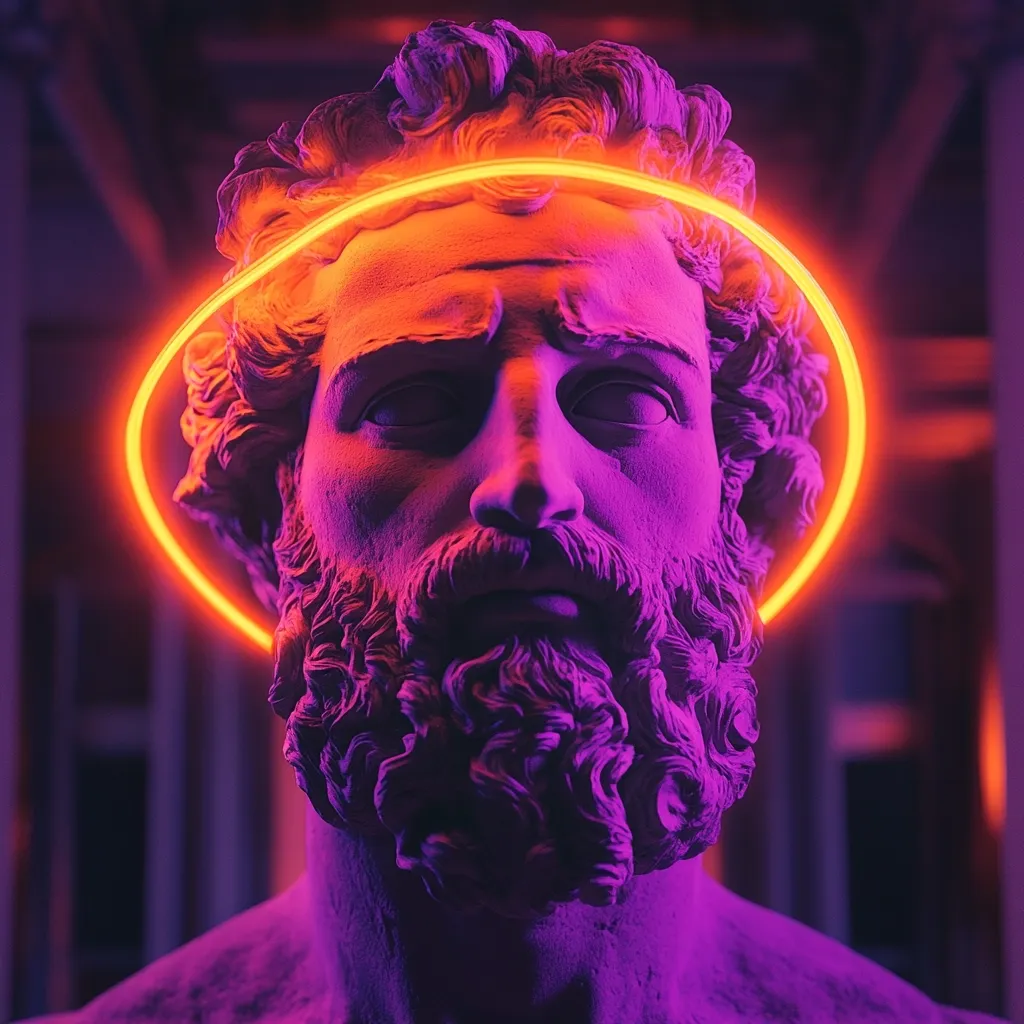 A close-up shot of a classical bust, bathed in vibrant purple and orange neon light.  The sculpture, seemingly of a bearded man with detailed hair, is illuminated by a bright orange halo. The contrast between the ancient aesthetic of the statue and the modern neon lighting creates a striking and surreal image. The background is blurred, focusing attention on the central figure.