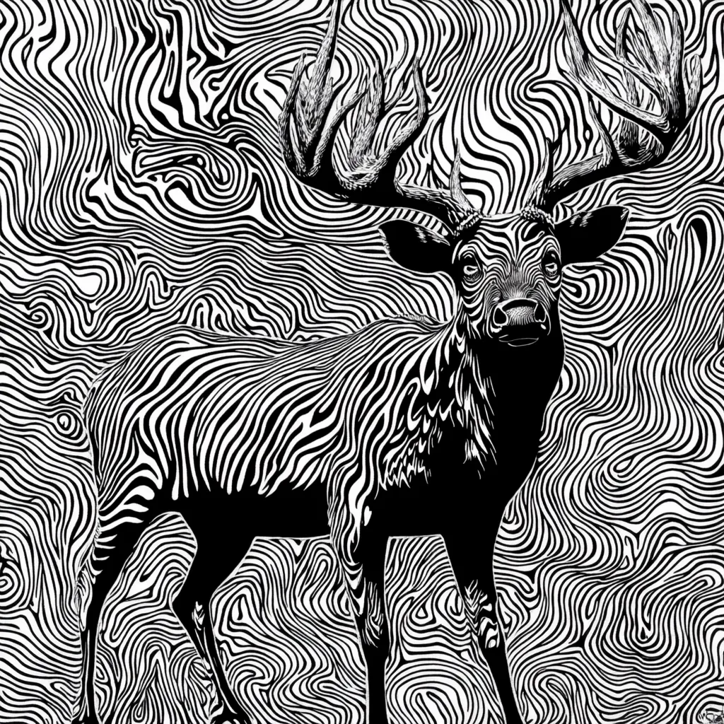 A black and white illustration features a deer with large antlers standing against a swirling, textured background.  The deer's body and antlers are rendered in a zebra-like striped pattern, mirroring the abstract lines of the background. The contrast between the sharp lines of the deer and the fluid background creates a striking visual effect. The overall style is graphic and bold.