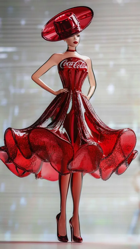 A digitally rendered image showcases a female figure in a flowing red dress and matching hat.  The dress and hat appear to be sculpted from a Coca-Cola-themed material, with the Coca-Cola logo prominently displayed on the bodice. The figure is elegantly posed, her legs slender and clad in dark heels. The overall style is glamorous and suggestive of a high-fashion advertisement. The background is blurred, emphasizing the figure's vibrant red attire.