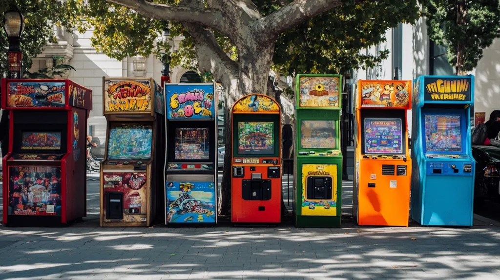 A row of six brightly colored arcade games stands under a large tree on a city sidewalk.  Each machine features vibrant graphics and unique designs, suggesting a variety of games. The setting is outdoors, with the shadows of the tree and surrounding buildings cast on the pavement. The arcade games appear to be older models, possibly vintage or classic.