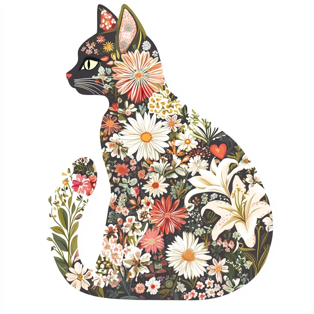A stylized illustration depicts a cat's silhouette filled with a vibrant array of flowers.  The floral pattern includes daisies, lilies, and various smaller blossoms in shades of red, pink, white, and yellow, creating a visually appealing contrast against the dark outline of the cat.  The design is whimsical and evokes a sense of spring or summer.