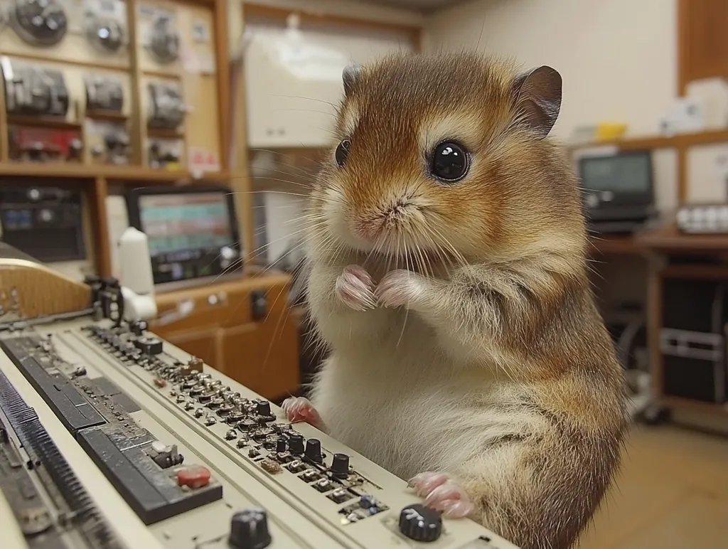 A fluffy brown hamster sits perched on an old, dusty keyboard, its tiny paws delicately resting on the keys.  The background reveals a cluttered workshop or office filled with vintage electronic equipment. The hamster appears to be intently observing or possibly interacting with the machine.  The scene is whimsical and suggests a playful contrast between the small creature and the large, outdated technology.