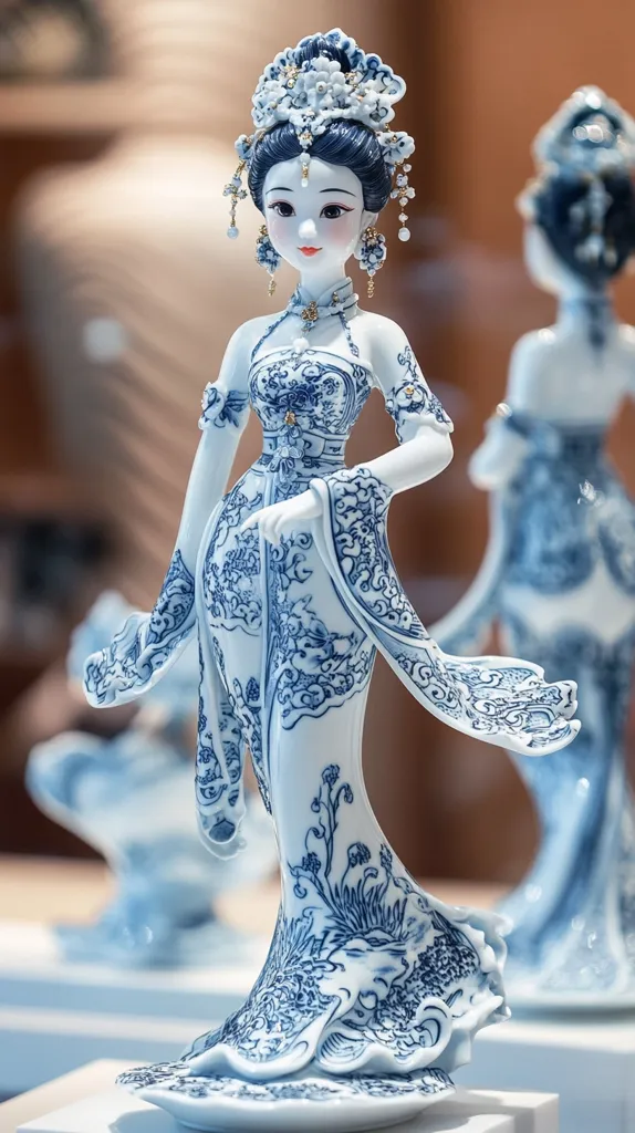 A porcelain figurine of a lady in a flowing blue and white dress, intricately detailed with floral and cloud patterns.  She wears an ornate headdress and elegant jewelry.  The figurine is crafted in a style reminiscent of traditional Chinese porcelain art, showcasing exquisite craftsmanship and a graceful pose.  A similar, slightly blurred figurine is reflected in the background.
