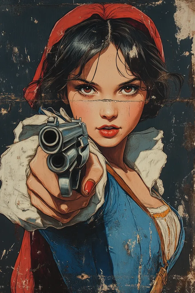 A stylized portrait of Snow White, rendered in a vintage poster style. She is depicted in her iconic blue dress and red hood, but with a decidedly darker twist.  She directly confronts the viewer, holding a large revolver aimed at the camera.  The overall effect is a striking blend of classic fairytale imagery and a gritty, modern sensibility. The background is textured to mimic an aged poster.