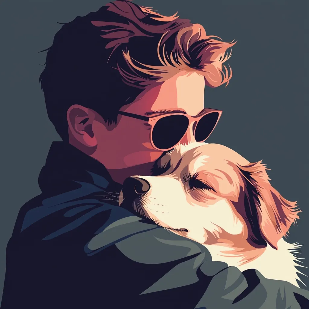 A stylized vector illustration depicts a person with short brown hair wearing sunglasses, embracing a light brown and white dog.  The person's face is partially obscured, their expression serene. The dog's eyes are closed, suggesting contentment.  The overall style is minimalist, with bold colors and smooth shading.  The image conveys a sense of warmth and companionship.
