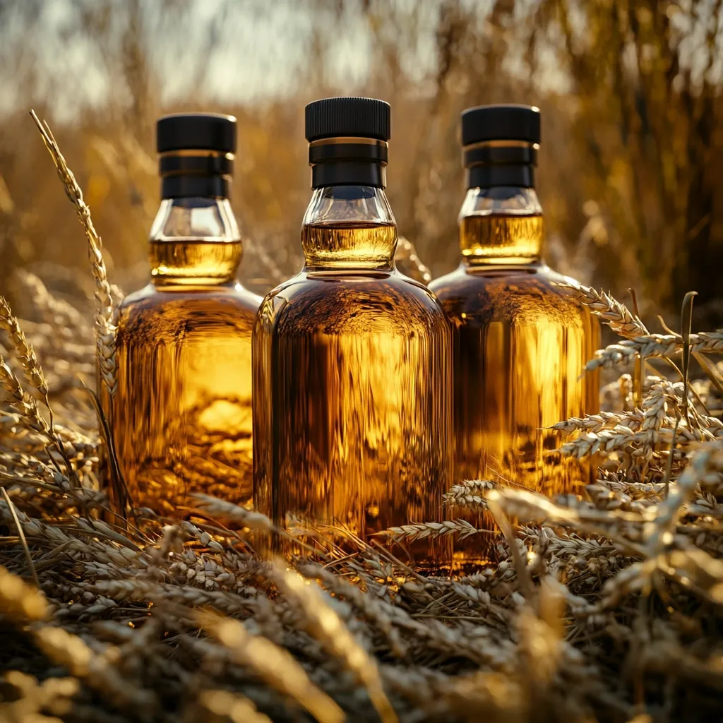 Three amber glass bottles of whiskey are nestled in a field of golden wheat.  The bottles, with dark caps, reflect the warm sunlight.  The scene evokes a sense of harvest and the origins of the spirit, emphasizing its natural ingredients. The overall mood is one of rustic charm and tranquility.