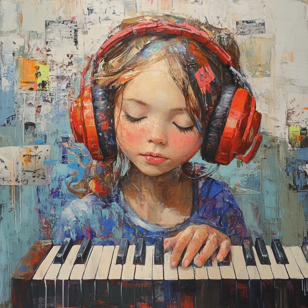 A young girl, eyes closed, wears bright red headphones while delicately playing a piano.  The painting is vibrant and textured, employing a palette knife technique, with a background suggestive of musical scores and abstract forms. Her expression is serene and focused, creating a sense of peaceful musical immersion. The overall style is impressionistic and emotionally evocative.