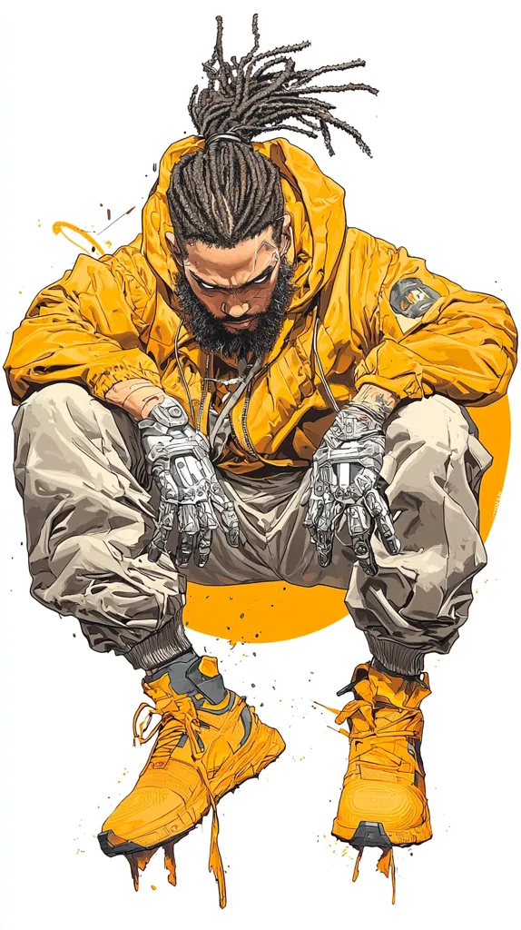A stylized illustration of a man with dreadlocks in a yellow jacket and gray pants. He wears futuristic-looking gloves and bright yellow sneakers.  His pose is crouched, suggesting action or movement. The overall style is vibrant and graphic, incorporating splashes of paint or ink effects around him.  The background features a simple orange circle.
