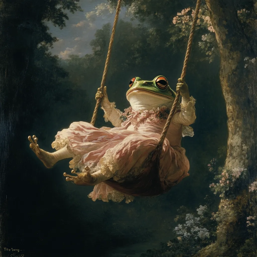 A whimsical painting depicts a frog dressed in a pink gown, gracefully seated on a rope swing.  The frog's expression is serene as it enjoys the gentle sway amidst a lush, verdant garden.  The scene is bathed in soft, atmospheric light, enhancing the dreamlike quality of the artwork.  The overall style suggests a blend of classical painting techniques with a touch of fantastical whimsy.
