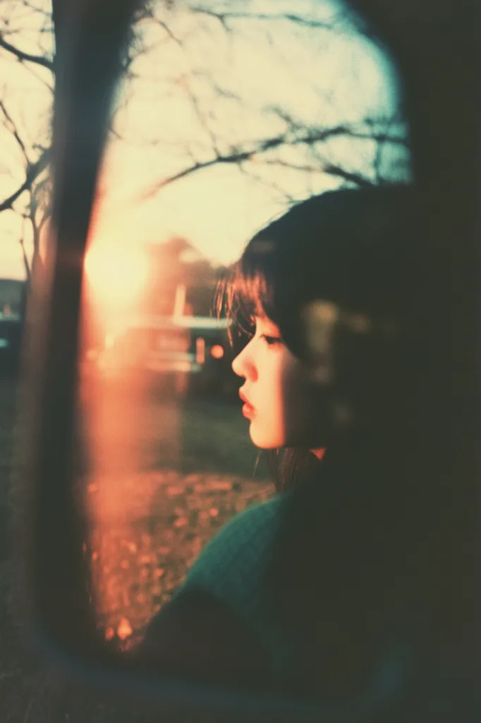 A young woman with dark hair, seen in profile, gazes pensively into the distance.  The setting sun casts a warm, orange glow, creating a hazy, dreamlike atmosphere.  The image is slightly blurred, adding to its nostalgic and evocative quality.  Trees and a hint of a cityscape are visible in the background.  The overall mood is contemplative and melancholic.