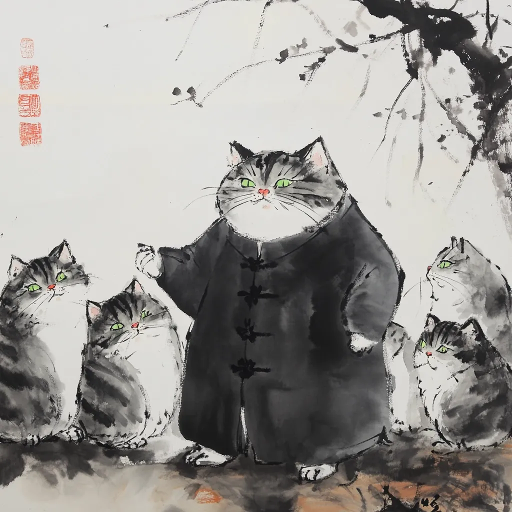 A whimsical ink painting depicts a large cat, wearing a dark coat, standing amidst a group of smaller cats.  The style is reminiscent of traditional East Asian art, with expressive brushstrokes and a muted color palette. The central cat appears authoritative, while the others look on with curious expressions. The background features a sparsely rendered tree, adding to the serene and slightly mystical atmosphere.  The overall effect is charming and slightly humorous.