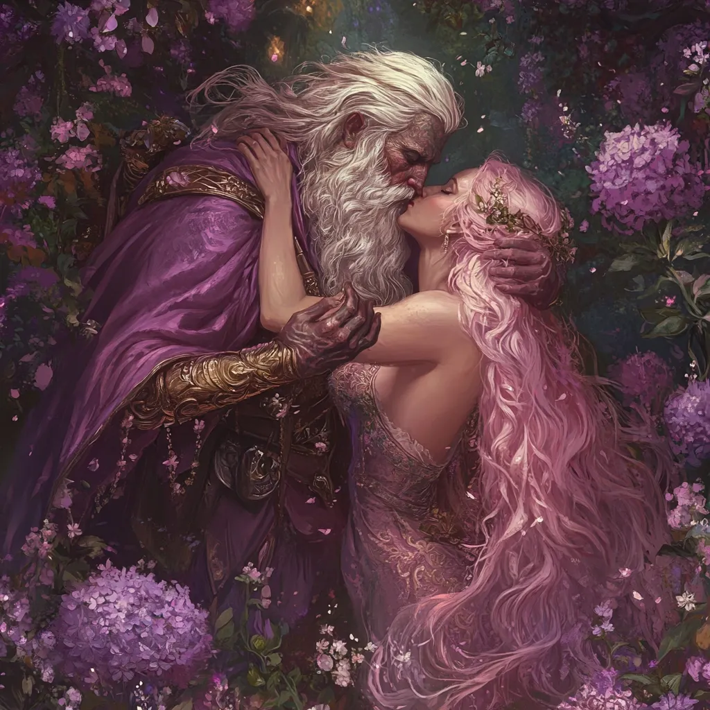 An elderly man with a long white beard, dressed in a purple robe and gold accents, passionately kisses a young woman with flowing pink hair.  She wears a delicate, light pink gown.  They embrace amidst a lush garden overflowing with purple hydrangeas and other flowering plants.  The scene is romantic and ethereal, bathed in soft, diffused light.
