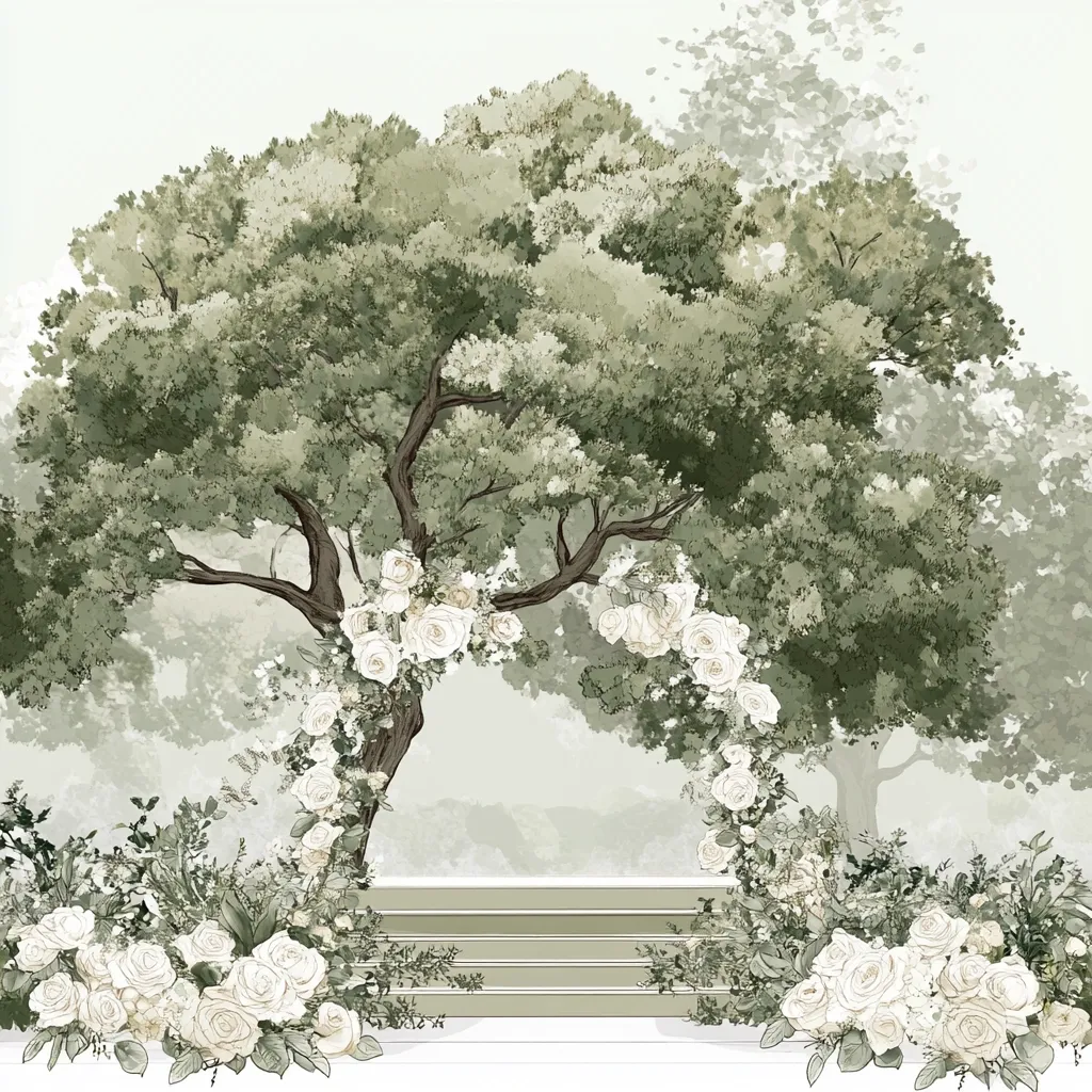 A serene illustration depicts a tranquil garden scene. A large tree, adorned with white roses forming an archway, stands prominently.  Steps lead to an unseen space beyond the tree.  The soft, muted green palette and delicate floral details create a peaceful and romantic atmosphere, ideal for a wedding or other celebratory event.  The overall style is elegant and whimsical.