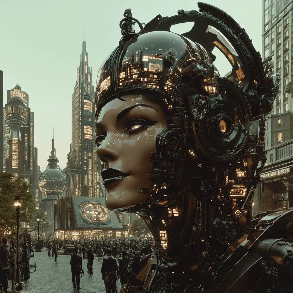 A colossal robotic head, resembling a woman, dominates the foreground.  Its intricate, dark metallic design is illuminated by internal glowing lights, contrasting with the sepia-toned backdrop of a futuristic city.  Crowds of people fill the streets of this cyberpunk metropolis, dwarfed by the imposing robotic figure, creating a striking juxtaposition of human scale and advanced technology.  The scene evokes a sense of awe and a potential technological singularity.