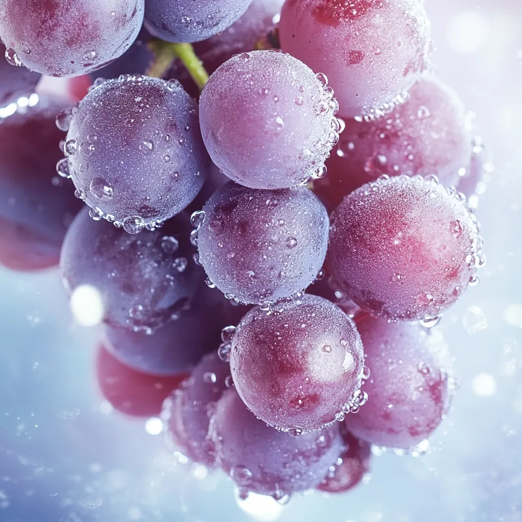 A close-up shot reveals a bunch of red grapes glistening with water droplets.  The grapes are plump and juicy, their surfaces reflecting light.  The background is softly blurred, enhancing the focus on the vibrant, dewy fruit. The image evokes a sense of freshness and coolness.