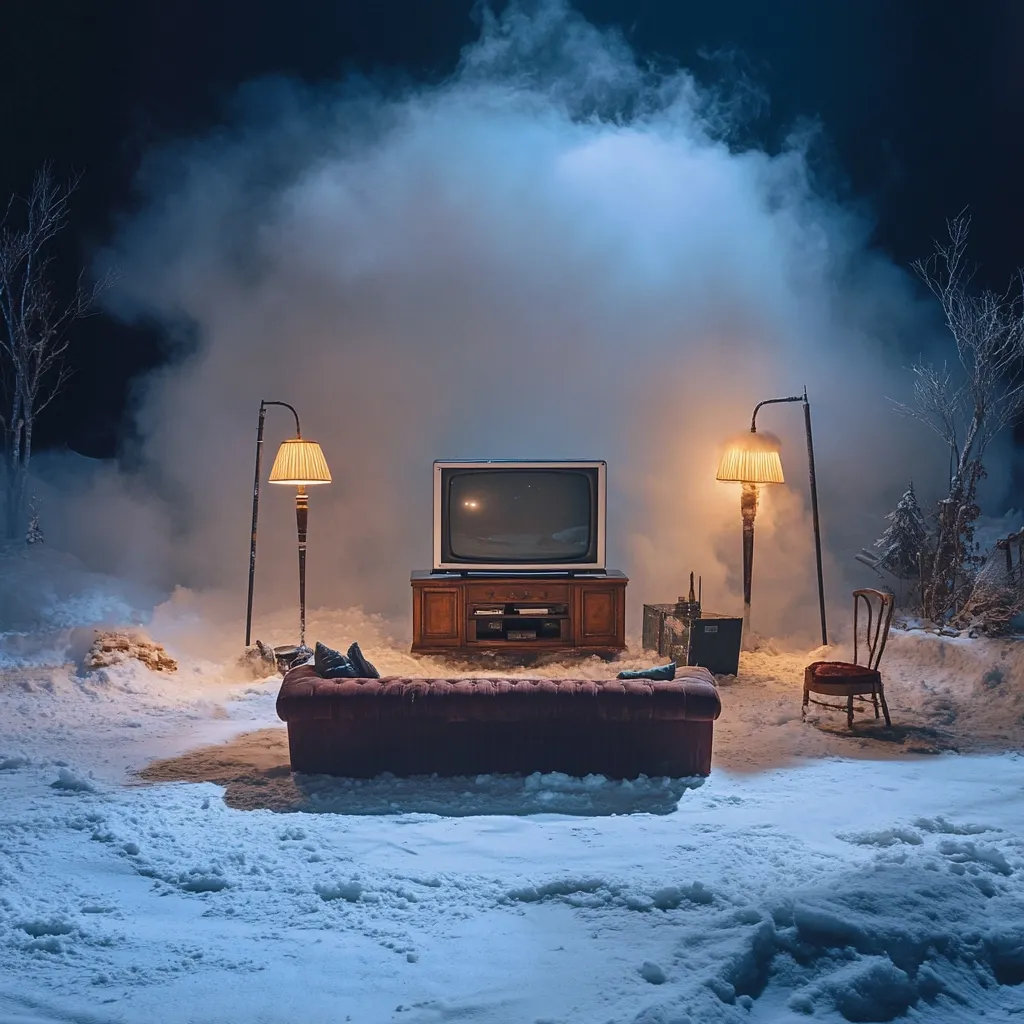 A vintage television sits on a wooden cabinet in a snow-covered landscape, flanked by floor lamps.  A worn, brown leather sofa sits before it.  The scene is shrouded in mist, creating an eerie, isolated atmosphere. A lone chair is positioned to the right. The overall mood is melancholic and suggestive of abandonment.