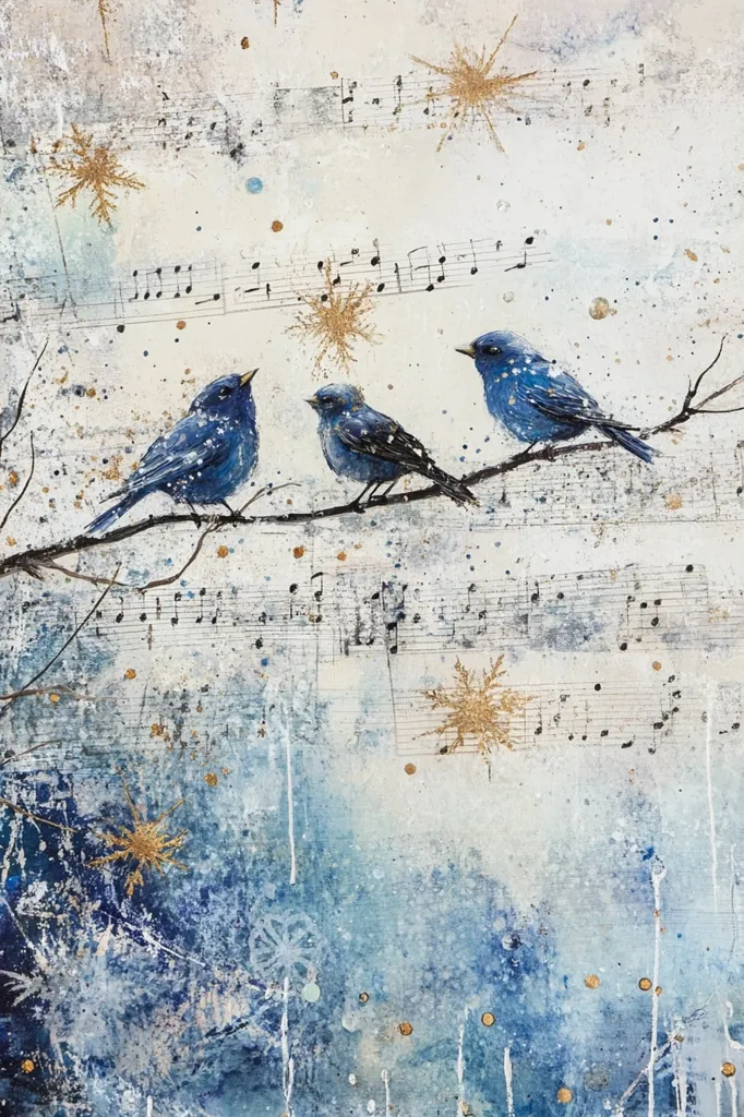 Three bluebirds perch on a branch against a textured background of faded sheet music and gold snowflake accents. The artwork blends a whimsical, wintery scene with musical notes, creating a serene and artistic composition. The birds appear to be singing, enhancing the musical theme. The painting employs a soft color palette of blues, whites, and golds, contributing to its tranquil atmosphere.