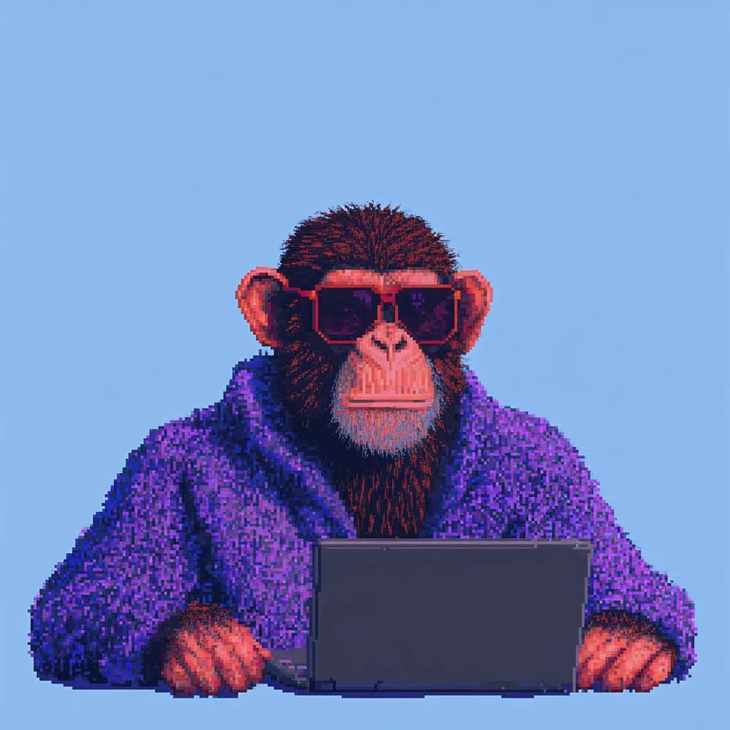 A pixel art image depicts a chimpanzee wearing sunglasses and a purple robe, seated before a laptop. The chimp's expression is serious and composed. The overall style is reminiscent of 8-bit video game graphics, with a limited color palette and blocky shapes.  The background is a solid light blue.