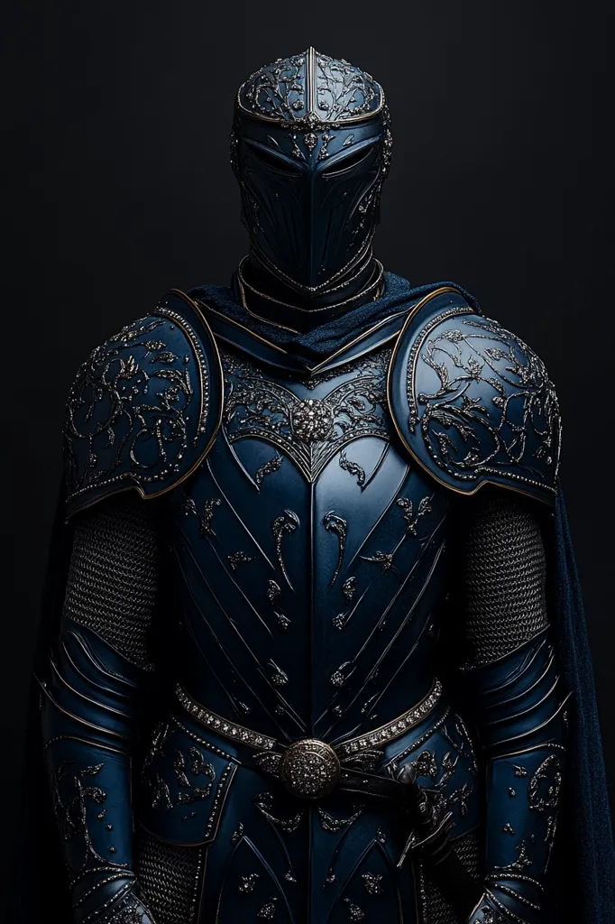 A knight in ornate, dark blue armor stands against a black background.  The suit of armor is intricately detailed with gold and silver embellishments, including floral patterns and sparkling gems.  The helmet is closed, obscuring the knight's face.  The image conveys a sense of mystery and power.  The armor appears to be meticulously crafted, showcasing a high level of skill and artistry.