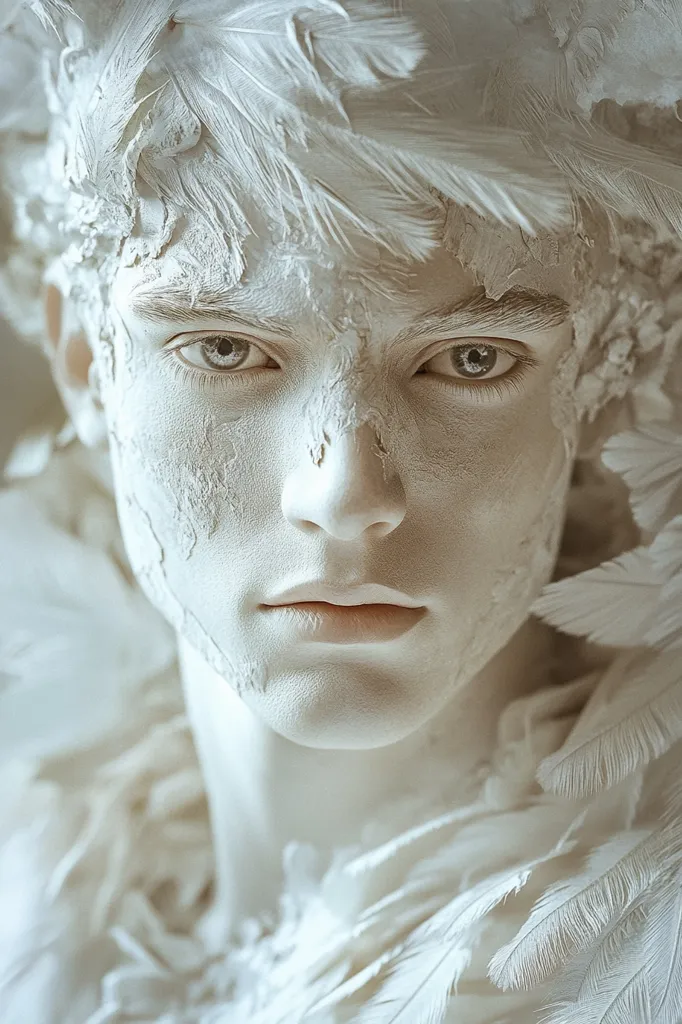 Close-up of a person's face, adorned with white feathers and textured white paint resembling stone or plaster.  The model's expression is serious, their eyes intense. The overall effect is ethereal and artistic, evoking a sense of otherworldly beauty or a sculpted statue.  The image is monochromatic, emphasizing the stark contrast of texture and form.
