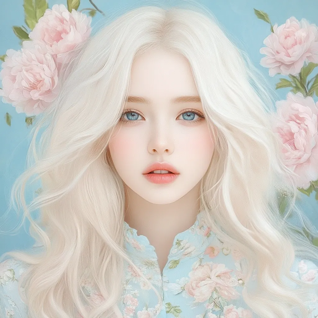 A portrait of a young woman with exceptionally long, flowing platinum blonde hair.  She possesses fair skin, light blue eyes, and delicate features. She wears a light blue floral blouse, and pink peonies frame her face, creating a soft, ethereal aesthetic. The overall style is dreamy and romantic.