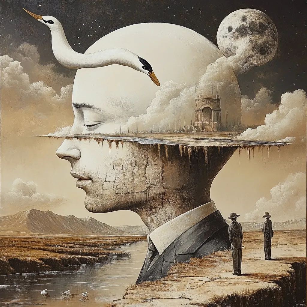 A surreal painting depicts a man's head bisected, revealing a landscape within. A white bird rests atop the head.  The internal landscape features a structure resembling a Roman archway, and a calm river flows in the external world. Two figures observe this scene from a distance under a large moon. The overall mood is contemplative and dreamlike, suggesting internal worlds and hidden depths. The style is hyperrealistic with a muted color palette.