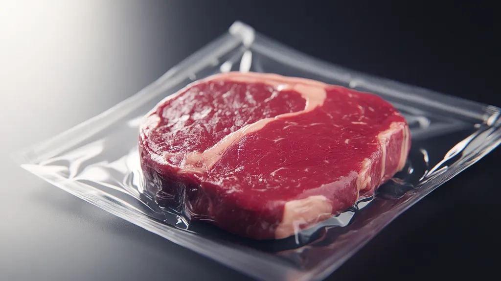 A single, raw ribeye steak is vacuum-sealed in a clear plastic package. The steak is a rich, dark red color with visible marbling.  The packaging is smooth and tightly adheres to the meat, suggesting it is prepared for preservation or transport. The background is a dark, neutral tone.