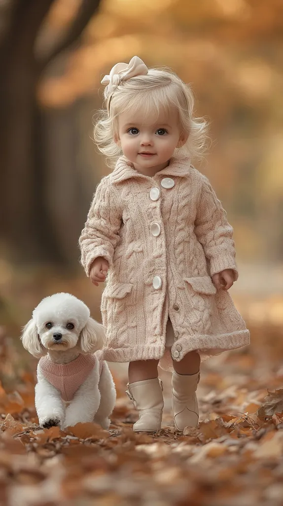 A toddler girl with blonde hair and a beige knitted coat walks through autumn leaves.  She wears cream-colored boots and a matching hair bow. A small white poodle, also wearing a light pink sweater, walks beside her. The scene is warm and softly lit, evoking a sense of autumnal charm.