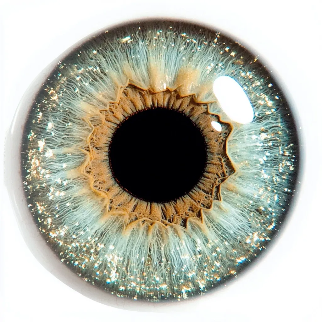 A close-up image reveals the intricate details of a human eye.  The iris displays a captivating blend of teal and brown, with delicate, radiating patterns emanating from the pupil.  A subtle shimmer suggests a glistening quality to the eye's surface, enhancing its mesmerizing beauty. The pupil is dark and central, providing a striking contrast to the lighter tones of the iris.